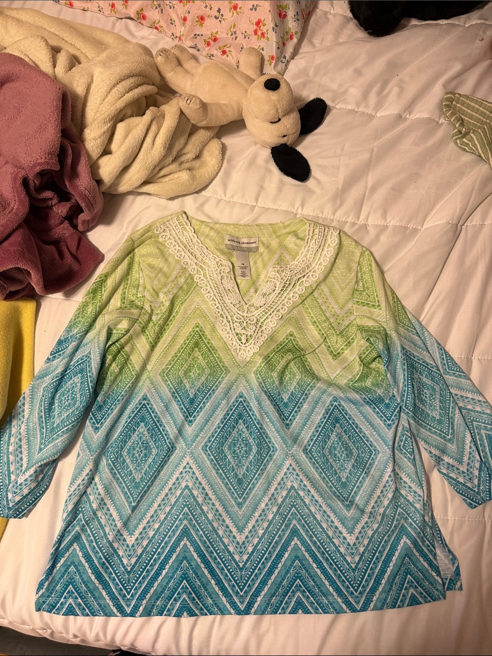Alfred Dunner Green and Blue Ombre V-Neck Tunic with Lace